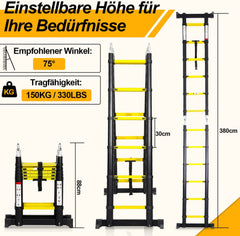 Jopassy Teleskopleiter 3,8 m Aluminium klappbar 1,9 x 1,9 m bis 150 kg