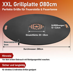 Jopassy Feuerplatte 80 cm aus 5 mm Carbonstahl mit herausnehmbarem Grilleinsatz