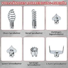 Jopassy Rohrreinigungsmaschine 500W mit 25 m Spiralen und 6 Schneidköpfen für 20–120 mm Rohre