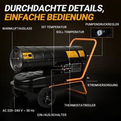 Jopassy Diesel Heizkanone 30 kW mit 38L Tank Thermostat Digitaldisplay und Rollen