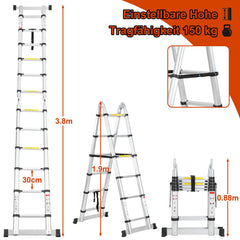 Jopassy Teleskopleiter 3,8 m Aluminium klappbar 1,9 x 1,9 m bis 150 kg