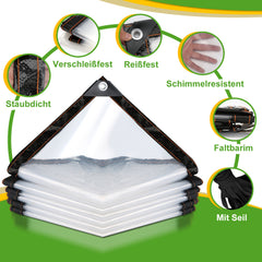 Jopassy Wasserdichte transparente Abdeckplane mit Ösen & Seil – Wetterfeste Gartenplane für Terrasse, Balkon, Gewächshaus, Möbel & Pflanzen