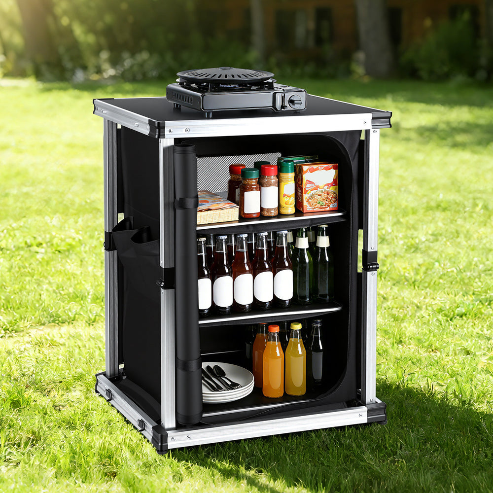 Jopassy Campingküche klappbar – faltbarer Campingschrank mit 3 Ablagen, 2 Netztaschen, Aluminiumrahmen & Tragetasche, mobiler Küchenschrank für Camping, Vanlife, Balkon & Garten