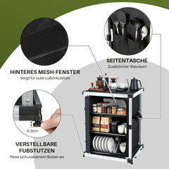 Jopassy Campingküche klappbar – faltbarer Campingschrank mit 3 Ablagen, 2 Netztaschen, Aluminiumrahmen & Tragetasche, mobiler Küchenschrank für Camping, Vanlife, Balkon & Garten