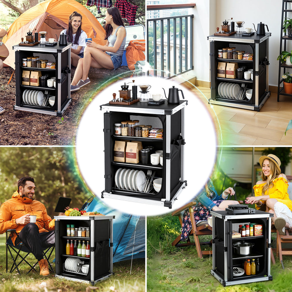 Jopassy Campingküche klappbar – faltbarer Campingschrank mit 3 Ablagen, 2 Netztaschen, Aluminiumrahmen & Tragetasche, mobiler Küchenschrank für Camping, Vanlife, Balkon & Garten