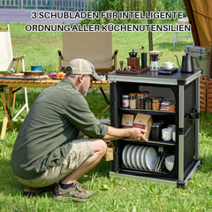 Jopassy Campingküche klappbar – faltbarer Campingschrank mit 3 Ablagen, 2 Netztaschen, Aluminiumrahmen & Tragetasche, mobiler Küchenschrank für Camping, Vanlife, Balkon & Garten