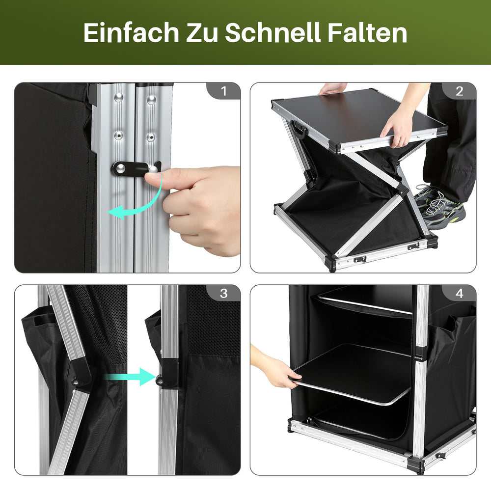 Jopassy Campingküche klappbar – faltbarer Campingschrank mit 3 Ablagen, 2 Netztaschen, Aluminiumrahmen & Tragetasche, mobiler Küchenschrank für Camping, Vanlife, Balkon & Garten