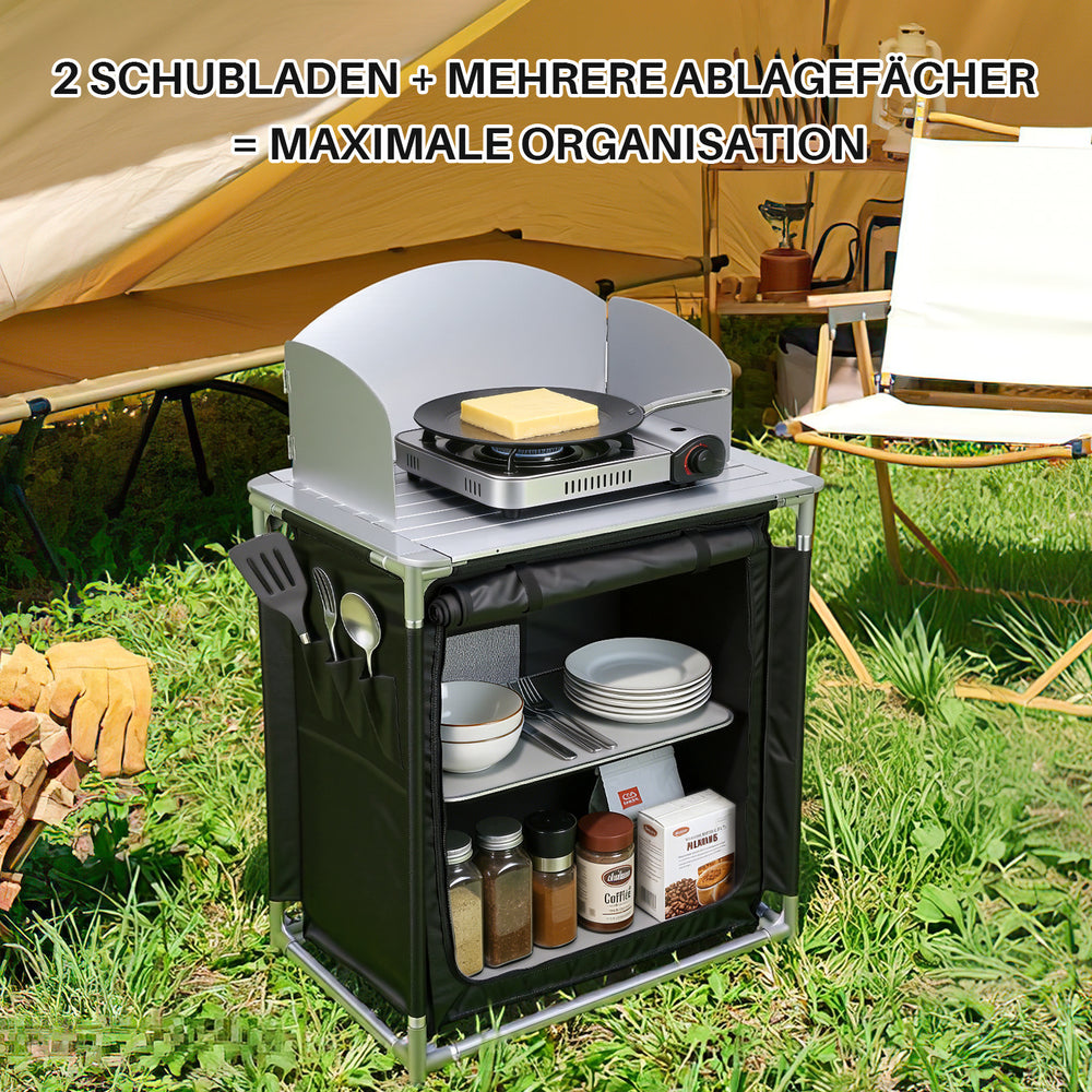 Jopassy Campingküche klappbar – faltbarer Campingschrank / Reiseküche mit Doppel-Schubladen, Windschutz, Aluminiumrahmen & Tragetasche für Camping, Balkon & Garten