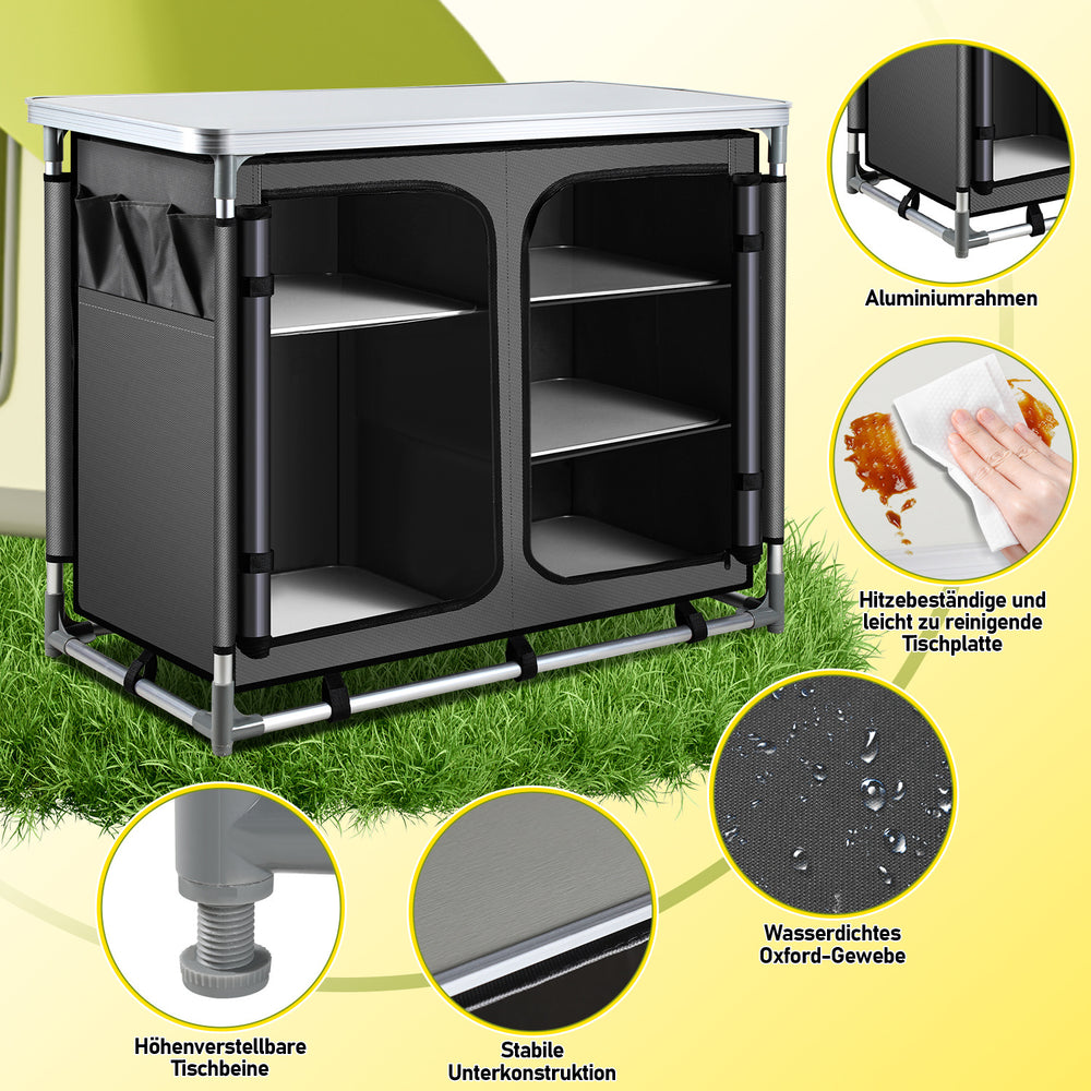 Jopassy Faltbare Campingküche mit Aluminiumrahmen – tragbarer Campingschrank / Outdoorküche mit 5 Fächern und 3 Außentaschen für Camping, Vanlife & Garten