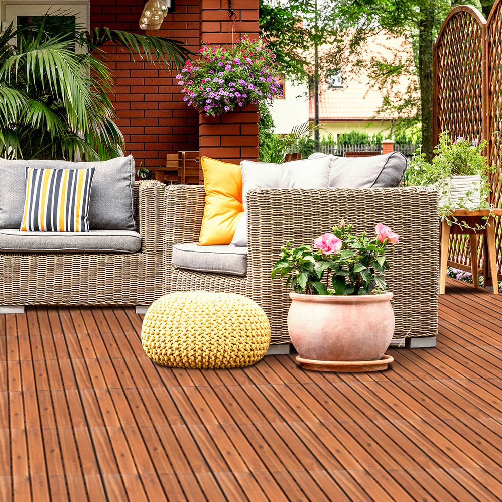 Jopassy Holzfliesen aus Akazienholz 30 × 30 cm, rutschfeste Klickfliesen für Balkon, Terrasse & Garten, 11 Stück = 1 m², Terrassenfliesen mit Kunststoff-Unterbau