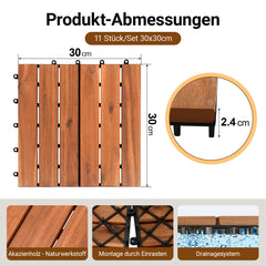 Jopassy Holzfliesen aus Akazienholz 30 × 30 cm, rutschfeste Klickfliesen für Balkon, Terrasse & Garten, 11 Stück = 1 m², Terrassenfliesen mit Kunststoff-Unterbau
