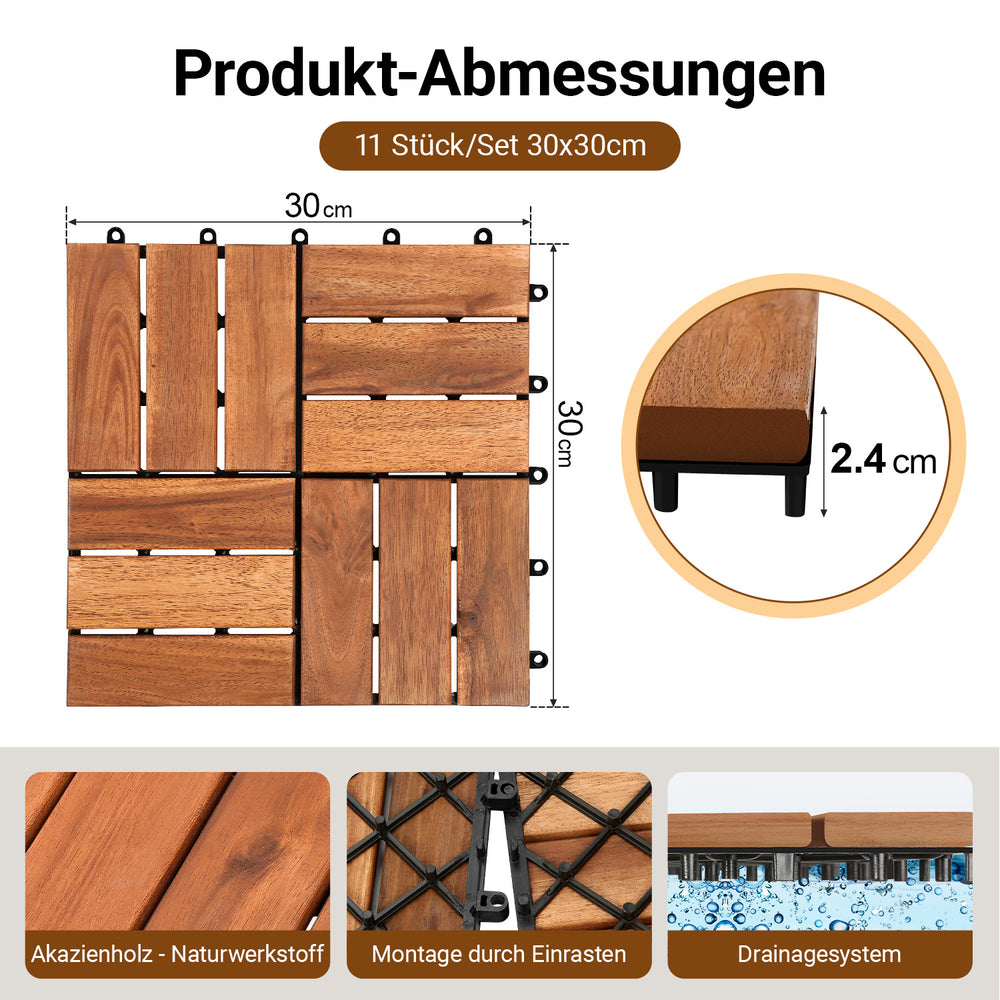 Jopassy Holzfliesen aus Akazienholz 30 × 30 cm, rutschfeste Klickfliesen für Balkon, Terrasse & Garten, 11 Stück = 1 m², Terrassenfliesen mit Kunststoff-Unterbau
