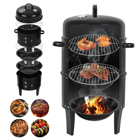 Jopassy 3 in 1 Smoker Räucherofen Ø40x80 cm Holzkohle Grill mit Thermometer