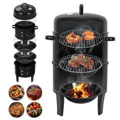 Jopassy 3 in 1 Smoker Räucherofen Ø40x80 cm Holzkohle Grill mit Thermometer