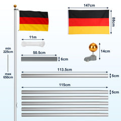 Jopassy Fahnenmast 6,5 m aus Aluminium mit Seilzug und Deutschlandflagge