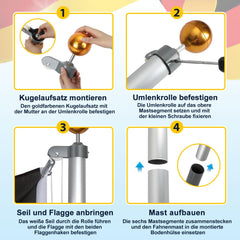 Jopassy Fahnenmast 6,5 m aus Aluminium mit Seilzug und Deutschlandflagge