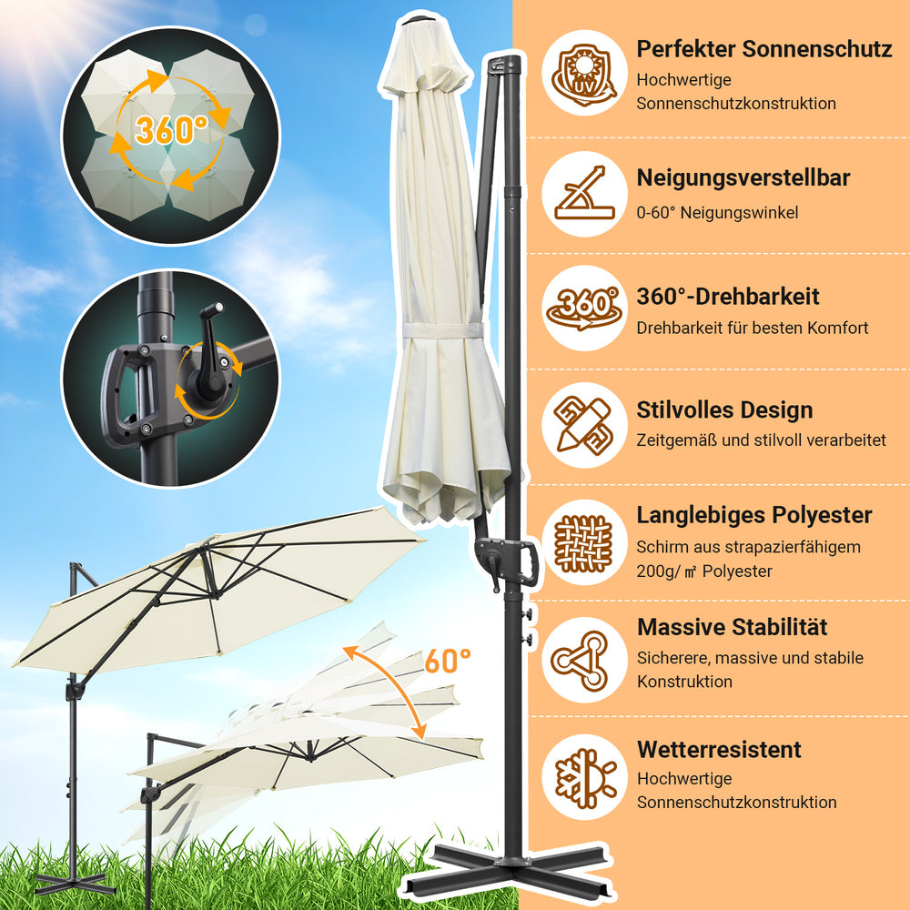 Jopassy Sonnenschirm Ampelschirm Ø 300 cm, Rund Marktschirm Groß 360° Rotation, für Gärten, Terrassen