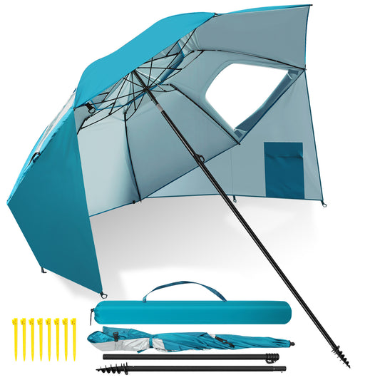 Jopassy Sonnenschirm Strandmuschel 2 in 1, mit Drehkopf & Spiraldübel, UV50+ Sonnenschutz Faltbarer Strandschirm, für 2-4 Personen