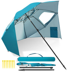 Jopassy Sonnenschirm Strandmuschel 2 in 1, mit Drehkopf & Spiraldübel, UV50+ Sonnenschutz Faltbarer Strandschirm, für 2-4 Personen