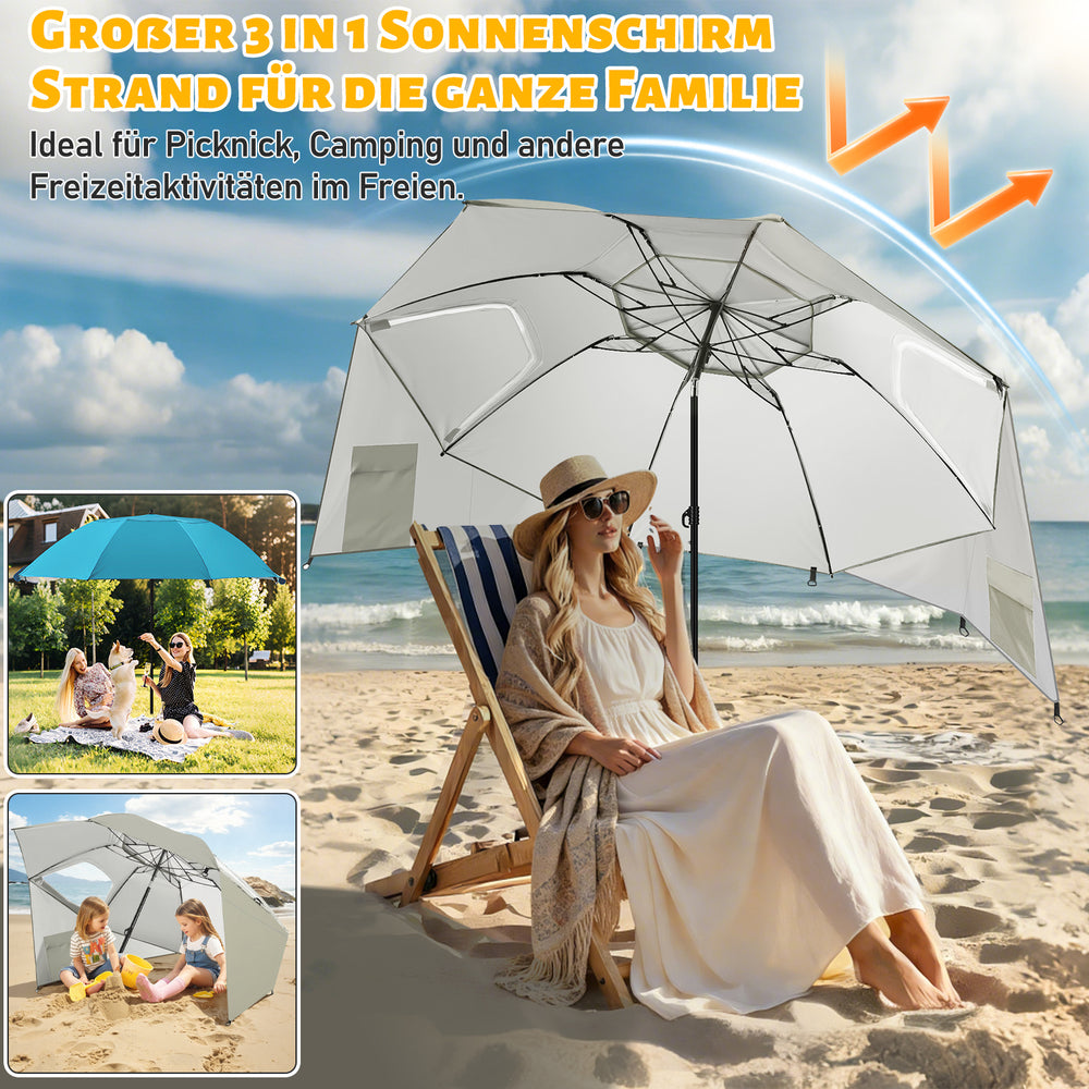 Jopassy Sonnenschirm Strandmuschel 2 in 1, mit Drehkopf & Spiraldübel, UV50+ Sonnenschutz Faltbarer Strandschirm, für 2-4 Personen