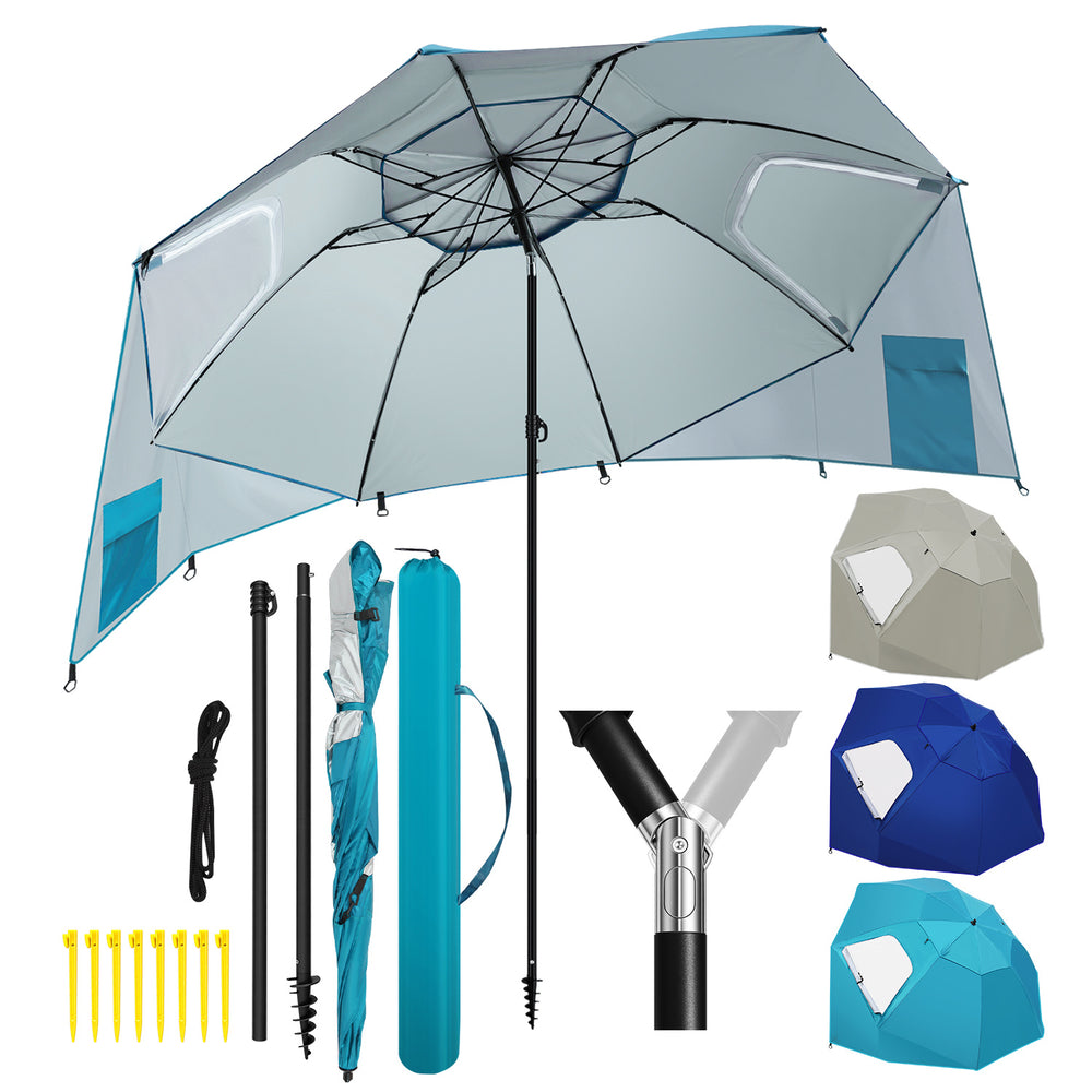 Jopassy Sonnenschirm Strandmuschel 2 in 1, mit Drehkopf & Spiraldübel, UV50+ Sonnenschutz Faltbarer Strandschirm, für 2-4 Personen