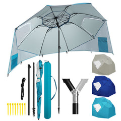 Jopassy Sonnenschirm Strandmuschel 2 in 1, mit Drehkopf & Spiraldübel, UV50+ Sonnenschutz Faltbarer Strandschirm, für 2-4 Personen