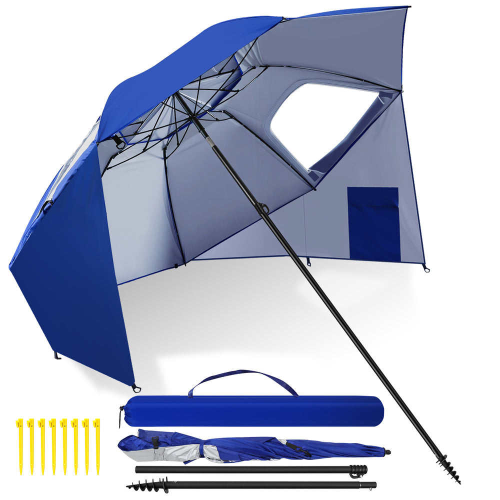 Jopassy Sonnenschirm Strandmuschel 2 in 1, mit Drehkopf & Spiraldübel, UV50+ Sonnenschutz Faltbarer Strandschirm, für 2-4 Personen