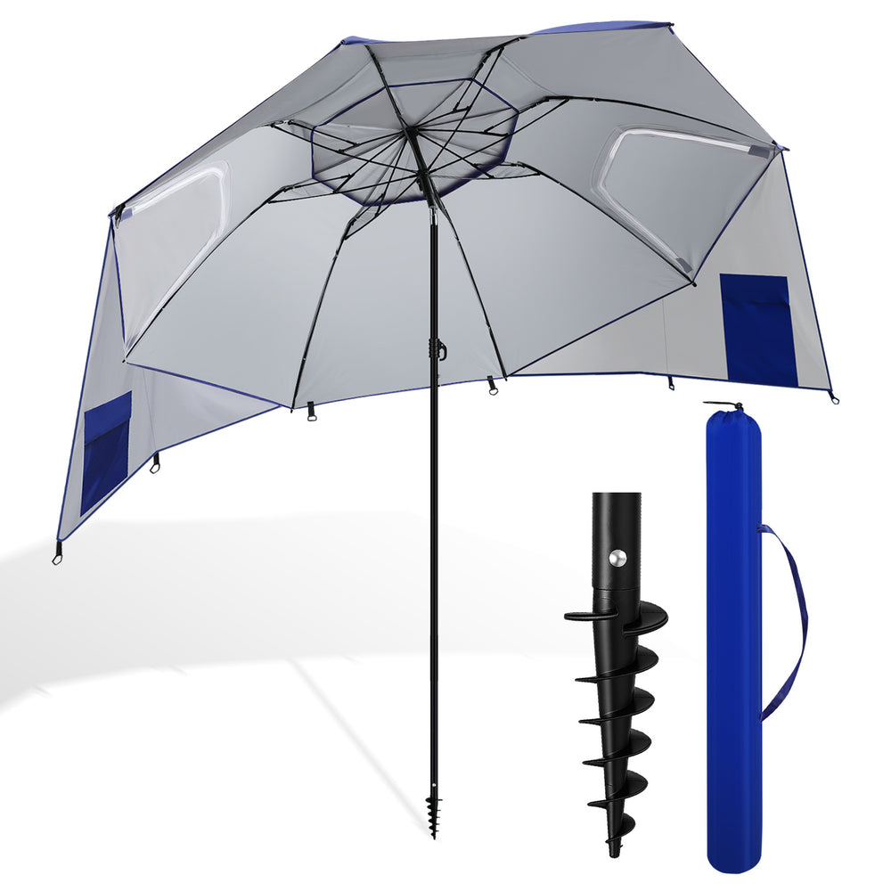 Jopassy Sonnenschirm Strandmuschel 2 in 1, mit Drehkopf & Spiraldübel, UV50+ Sonnenschutz Faltbarer Strandschirm, für 2-4 Personen