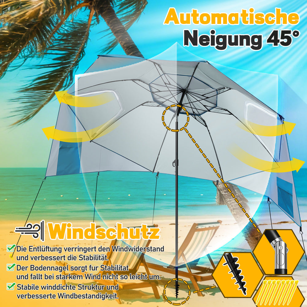 Jopassy Sonnenschirm Strandmuschel 2 in 1, mit Drehkopf & Spiraldübel, UV50+ Sonnenschutz Faltbarer Strandschirm, für 2-4 Personen
