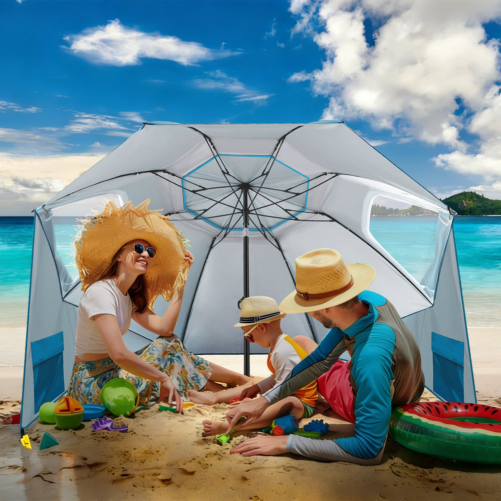 Jopassy Sonnenschirm Strandmuschel 2 in 1, mit Drehkopf & Spiraldübel, UV50+ Sonnenschutz Faltbarer Strandschirm, für 2-4 Personen