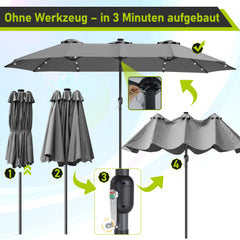 Jopassy Sonnenschirm mit Kurbel, Gartenschirm, mit LED Solar, ohne Ständer