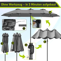 Jopassy Sonnenschirm mit Kurbel, Gartenschirm, mit LED Solar, ohne Ständer