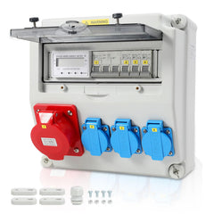Jopassy Wandverteiler 32A mit 3-Phasen-Stromzähler, CEE 400V und 3×Schuko IP44