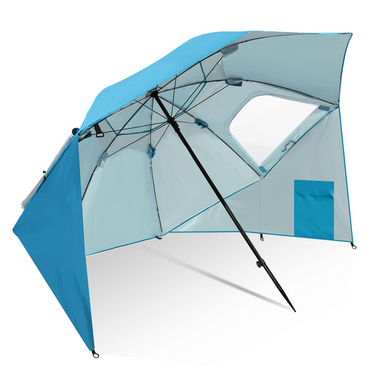 Jopassy Strandmuschel Ø210×220 cm, Sonnenschirm UV50+, 2-in-1 Alu Strandschirm mit Windschutz, faltbar & leicht