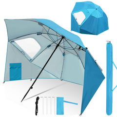 Jopassy Strandmuschel Ø210×220 cm, Sonnenschirm UV50+, 2-in-1 Alu Strandschirm mit Windschutz, faltbar & leicht