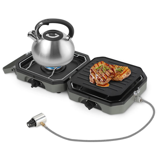 Jopassy Campingkocher 2 flammig mit Grillplatte und Gasschlauch