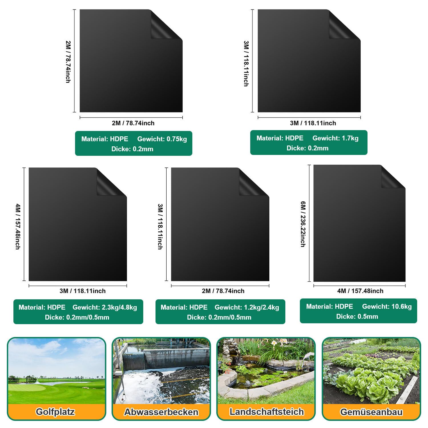 Jopassy Teichfolie HDPE 0,2/0,5 mm Schwarz für Teichbau Garten und Wasserbecken