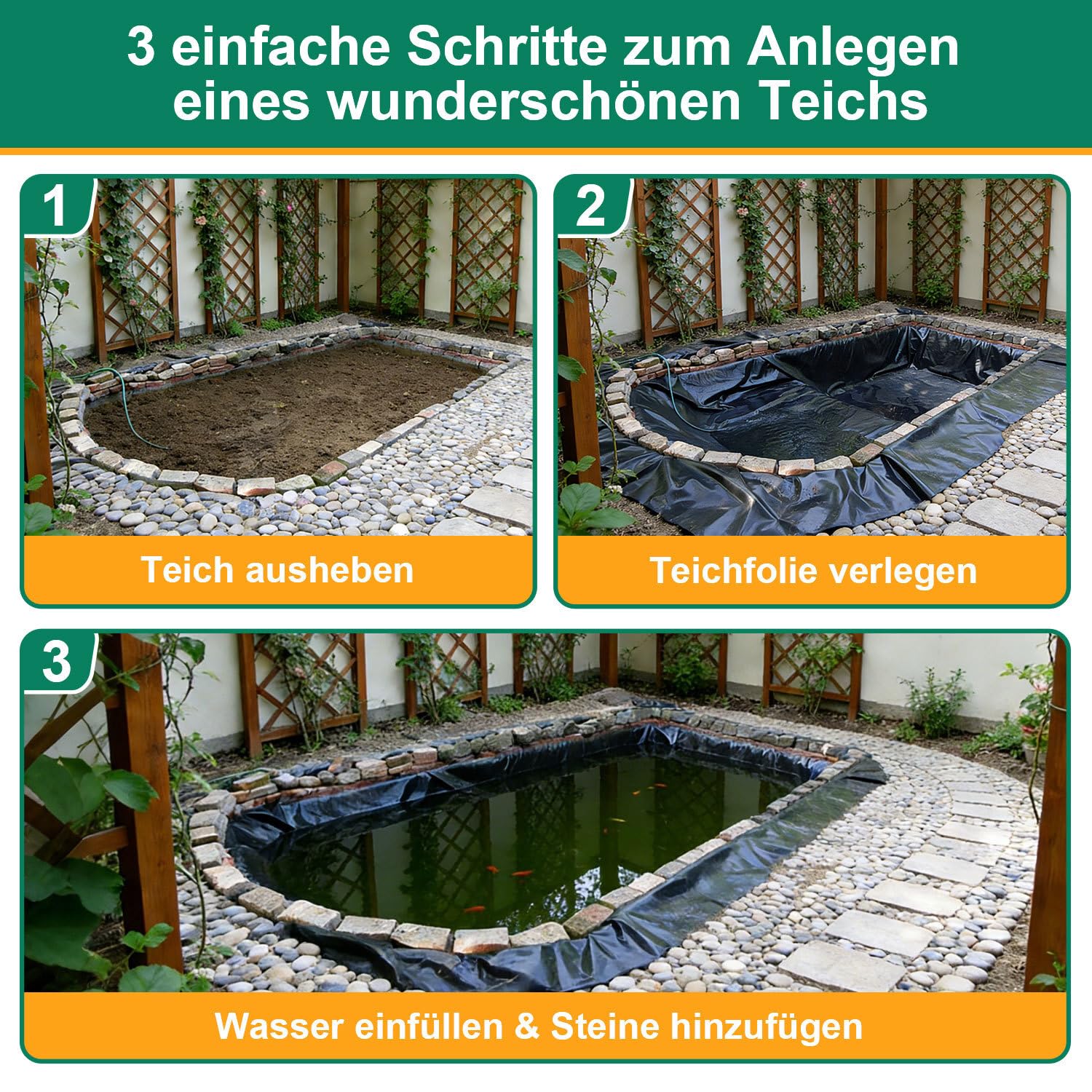Jopassy Teichfolie HDPE 0,2/0,5 mm Schwarz für Teichbau Garten und Wasserbecken