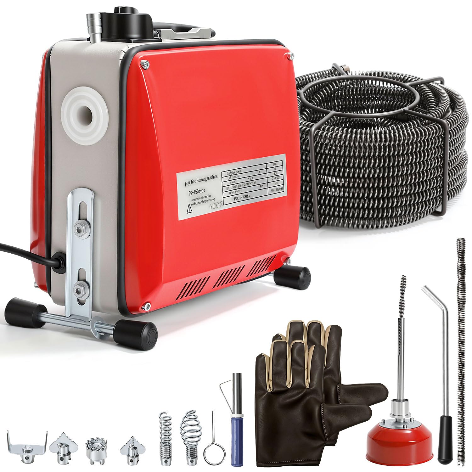 Jopassy Rohrreinigungsmaschine 500W mit 25 m Spiralen und 6 Schneidköpfen für 20–120 mm Rohre