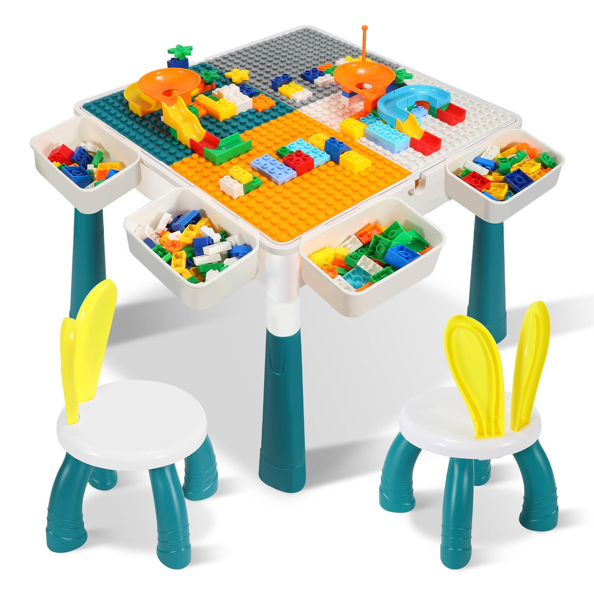 Jopassy 7-in-1 Bausteintisch für Kinder mit 2 Stühlen 251 Bausteinen höhenverstellbar