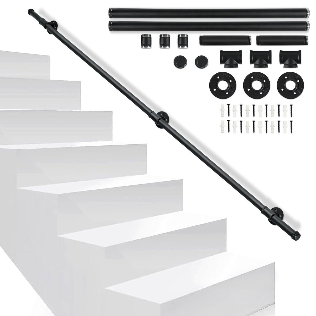 Jopassy Treppengeländer Handlauf Schwarz 100-300 cm Rundrohr für Innen und Außen