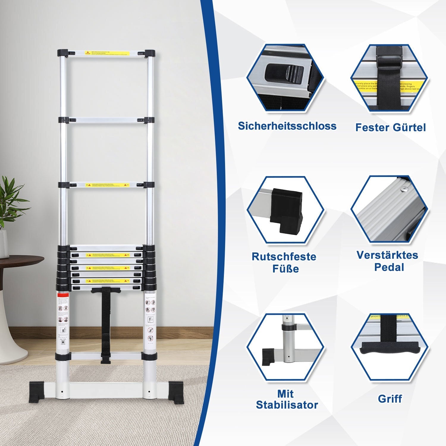 Jopassy Teleskopleiter Aluminium 2,6–5 m mit Stabilisator und breiten Trittstufen bis 150 kg