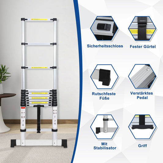 Jopassy Teleskopleiter Aluminium 2,6–5 m mit Stabilisator und breiten Trittstufen bis 150 kg