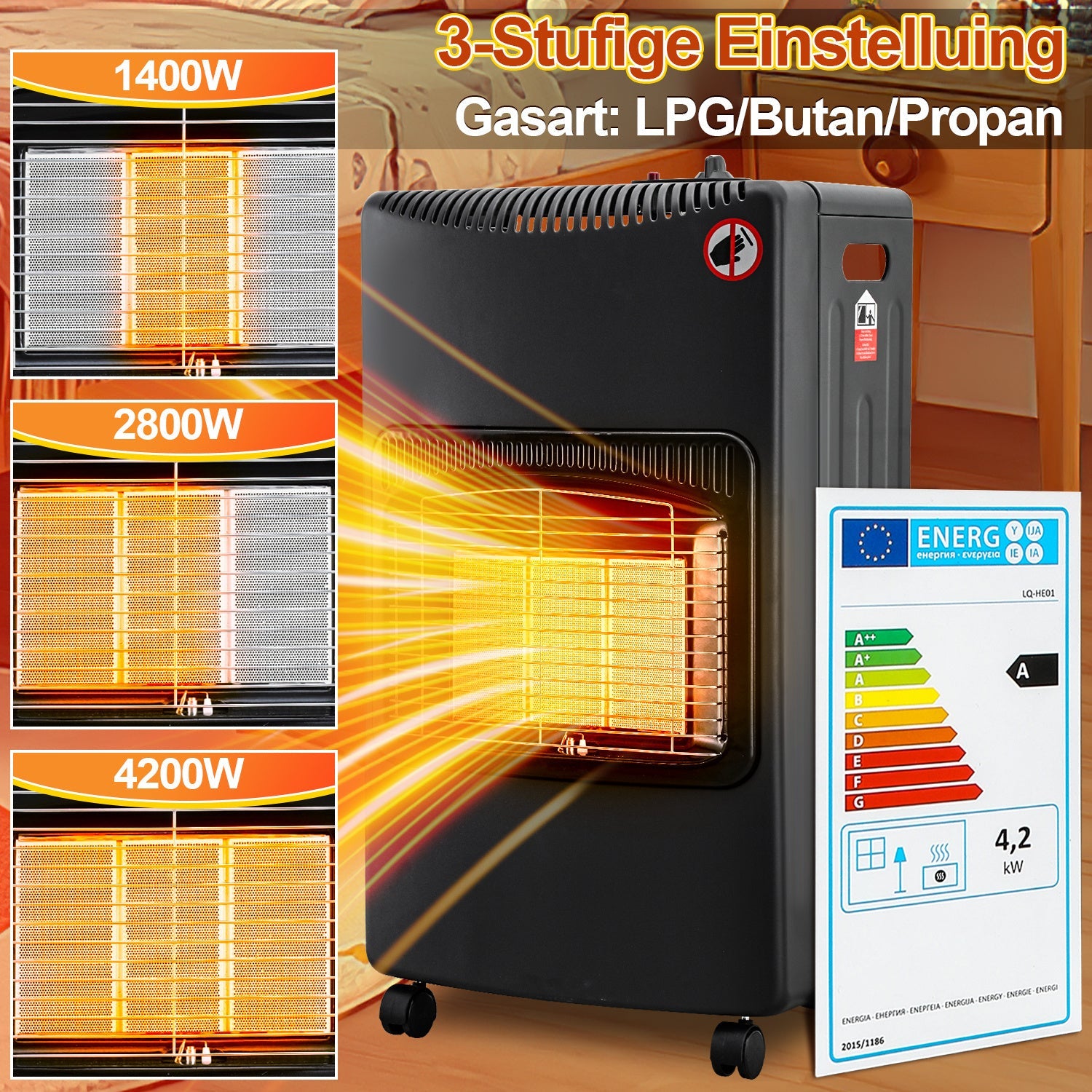 Jopassy Gasofen 4200W für Propan und Butan mit Druckregler Adapter und Rollen