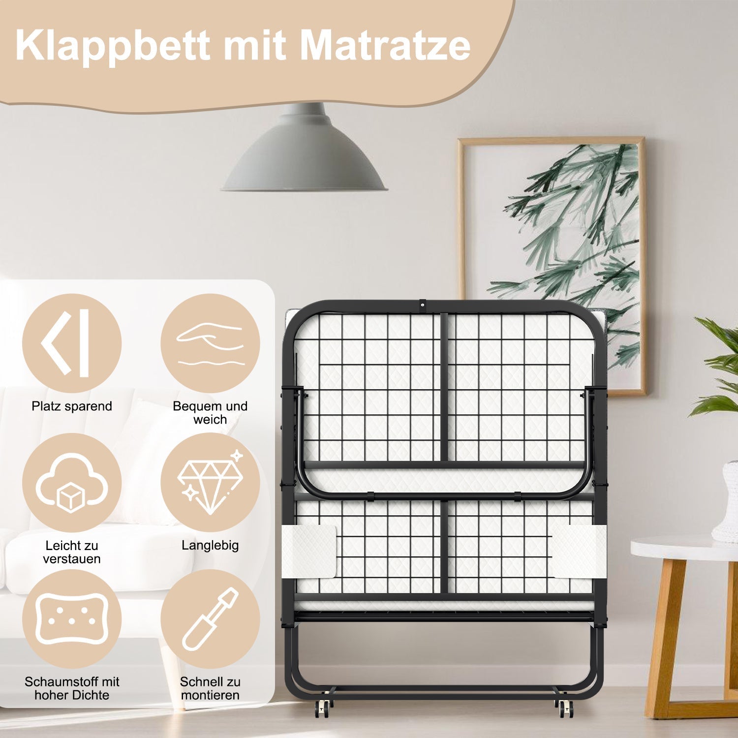 Jopassy Klappbett 90 x 200 cm mit 13 cm Matratze, klappbares Gästebett mit Rollen, bis 200 kg