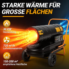 Jopassy Diesel Heizkanone 30 kW mit 38L Tank Thermostat Digitaldisplay und Rollen