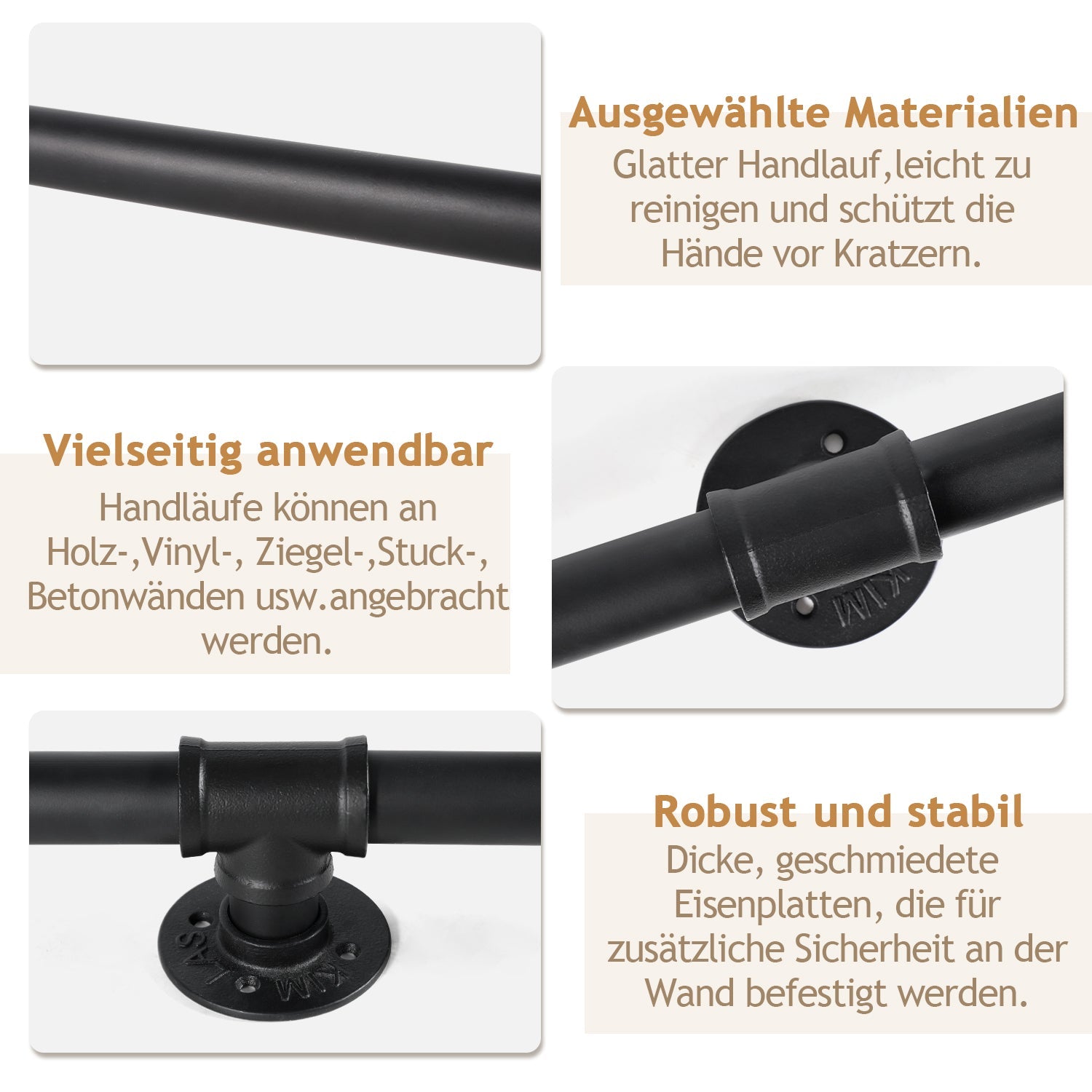 Jopassy Treppengeländer Handlauf Schwarz 100-300 cm Rundrohr für Innen und Außen