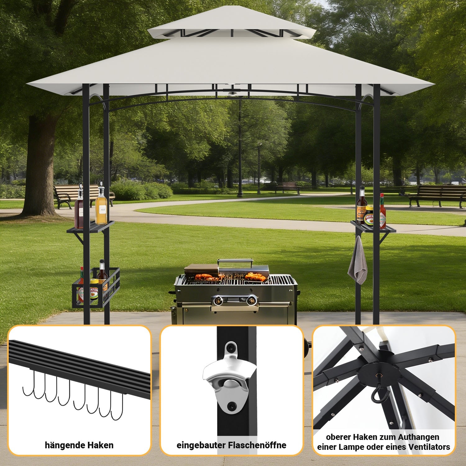 Jopassy Grillpavillon Beige 238 x 148 x 250 cm mit Seitenregalen für Garten BBQ