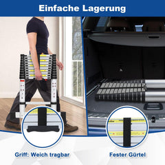 Jopassy Teleskopleiter Aluminium 2,6–5 m mit Stabilisator und breiten Trittstufen bis 150 kg