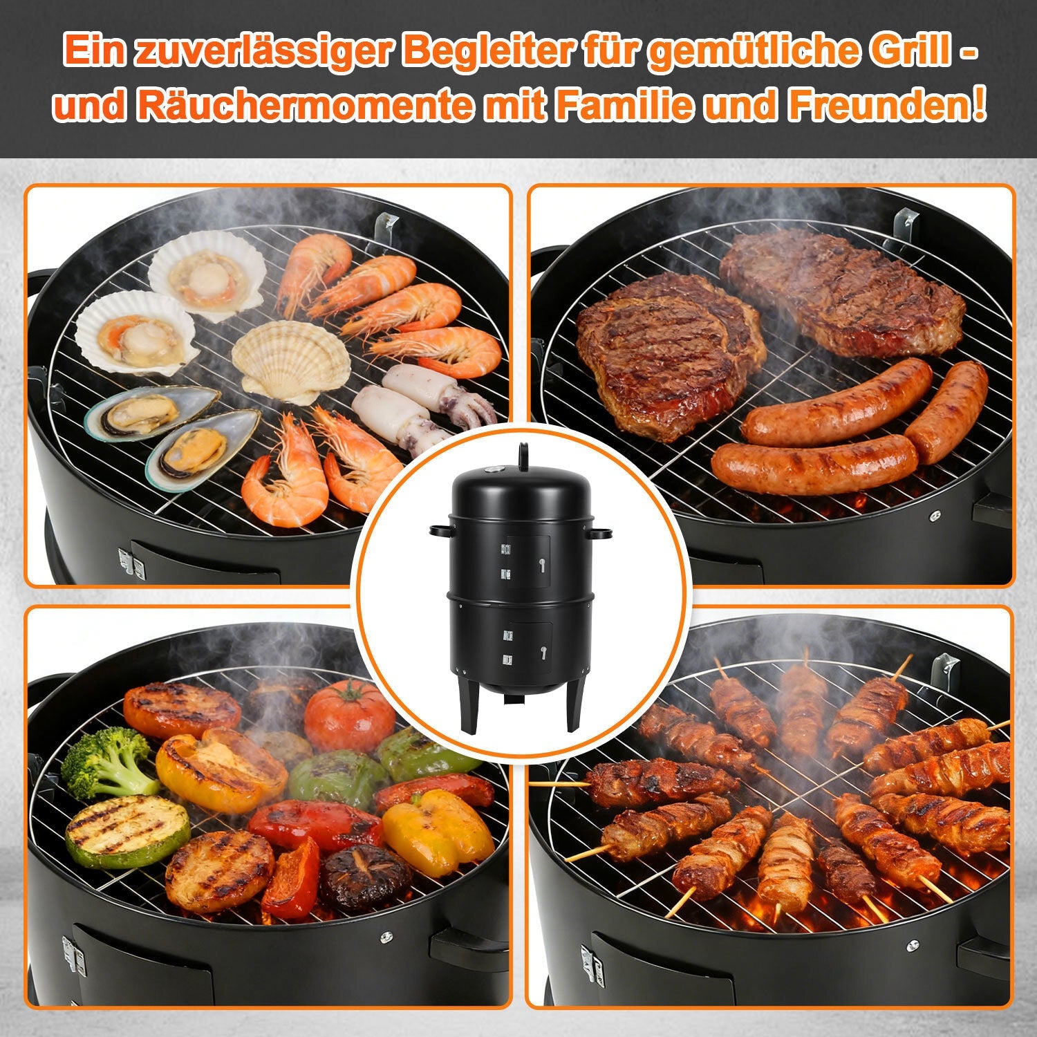 Jopassy 3 in 1 Smoker Räucherofen Ø40x80 cm Holzkohle Grill mit Thermometer